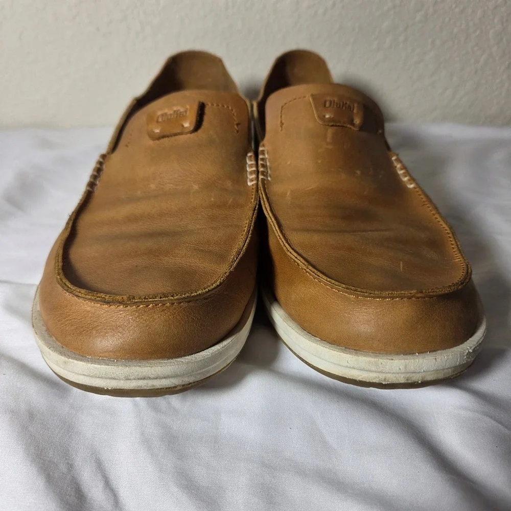 OluKai Kakaha Mens Leather Slip On Shoes Tan Brown Loafers 10490-FXFX Size 12